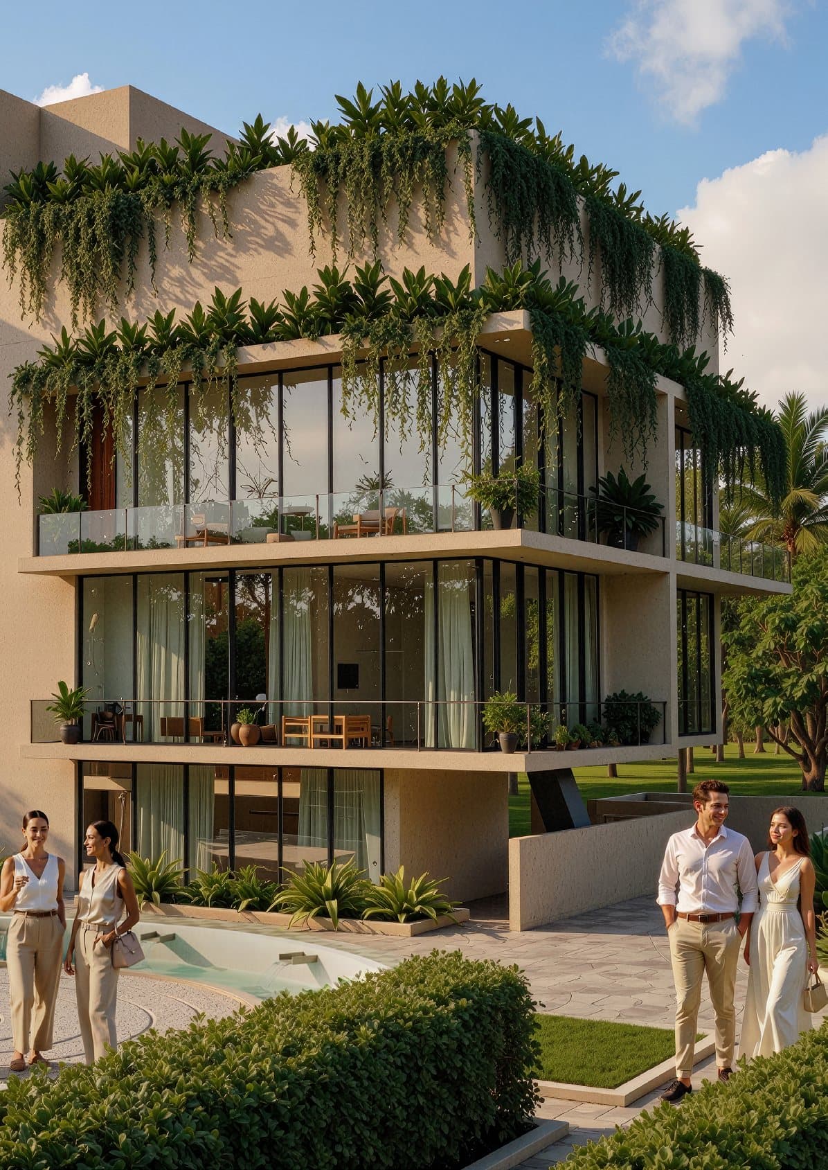 The Sridira Lake Creek clubhouse, with planted terraces over a glazed double-height frontage