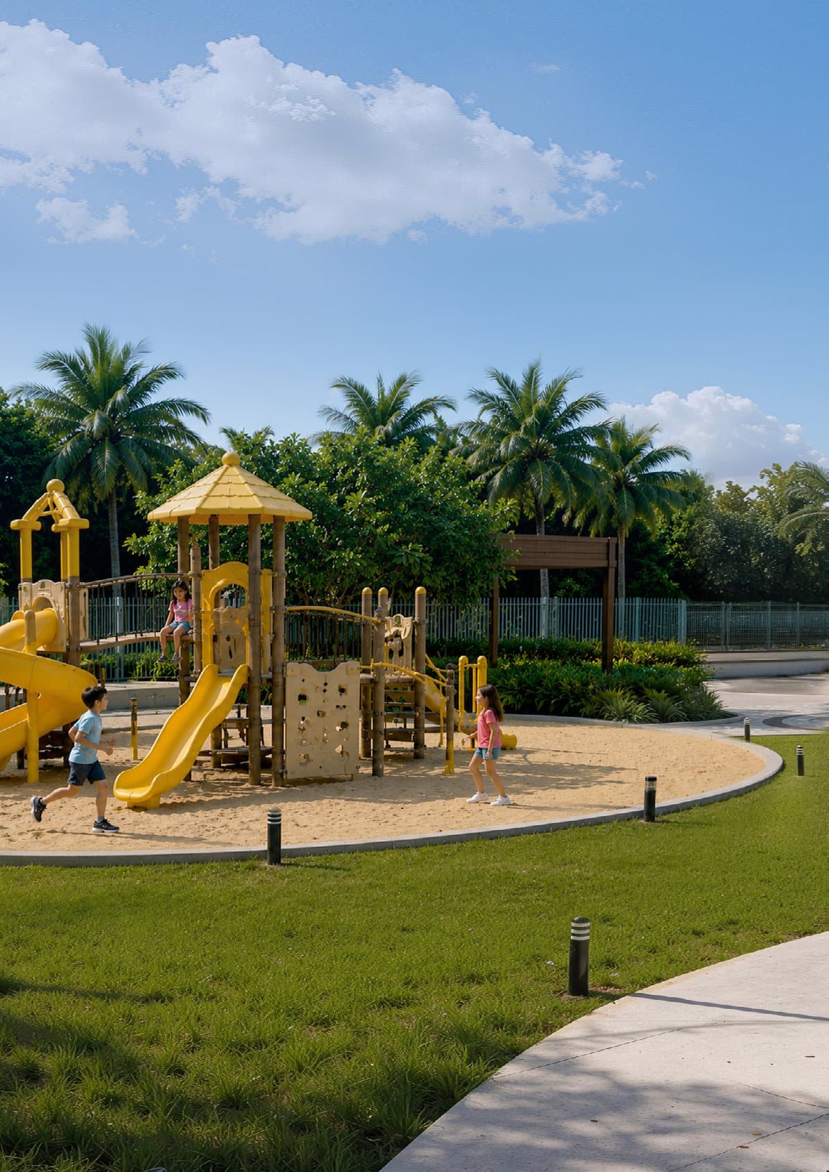 Children's play area set among landscaped lawns